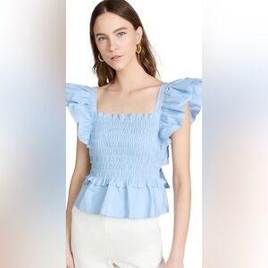 Sea New York Top Women’s Large Smocked Blouse Open Back Light Blue Ruffled Bow